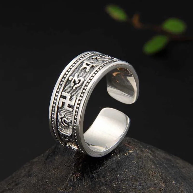 Buyee 925 Sterling Silver Religion Ring Elegant Tai Silver Open Ring Finger for Woman Man Fashion Buddhism Fine Jewelry
