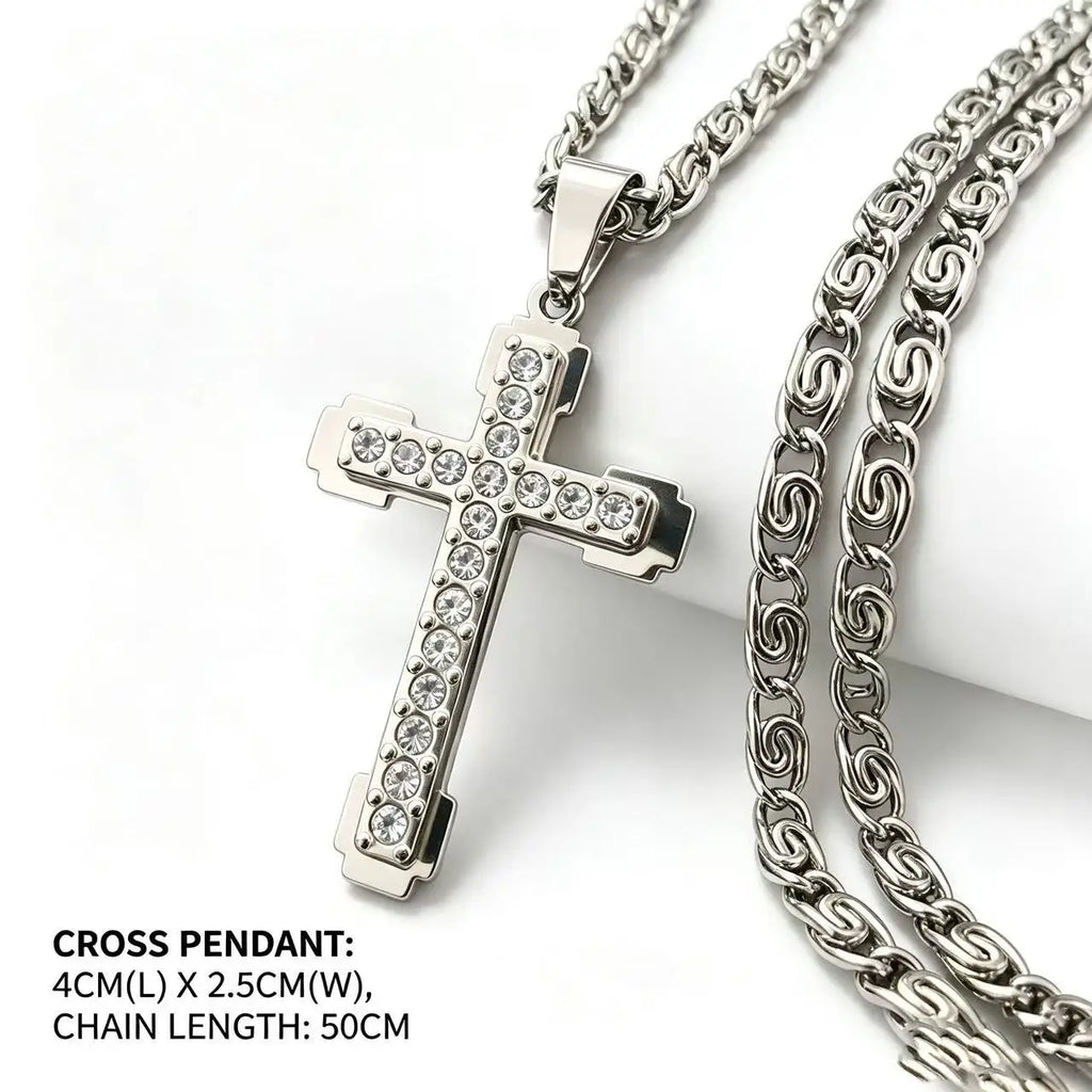 Iced Cross Stainless Steel Pendant Necklace