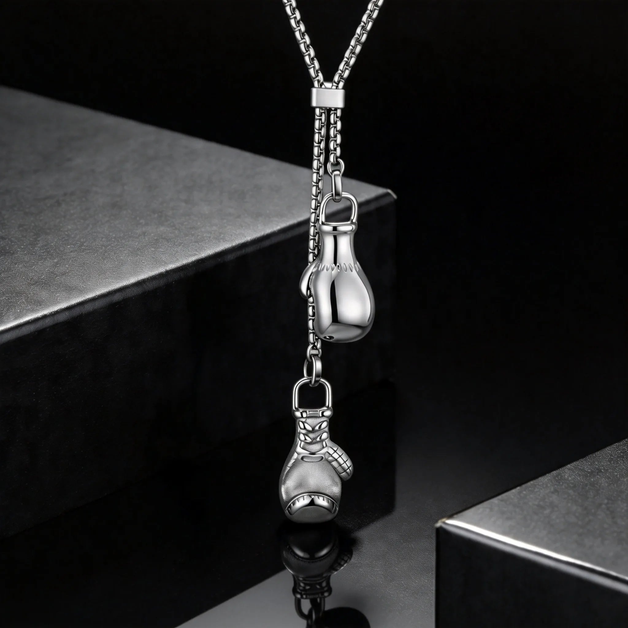 Men's Stainless Steel Boxing Glove Pendant Necklace, Adjustable Drawstring Long Chain Necklace, Creative Fashion Jewelry for Men