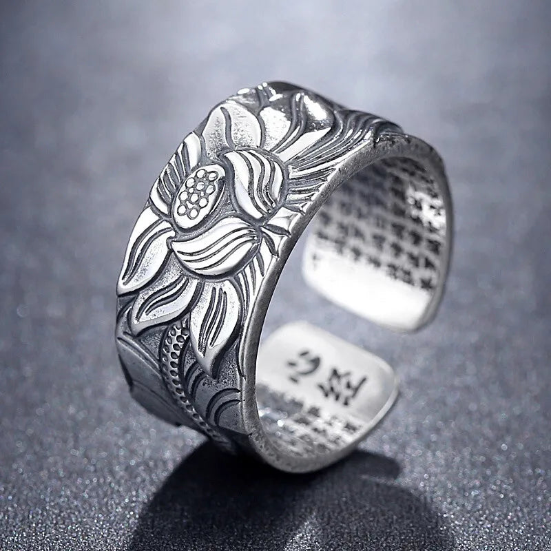 Vintage Tibetan Silver Lotus Rings for Mens Personality Hiphop Jewelry Adjustable