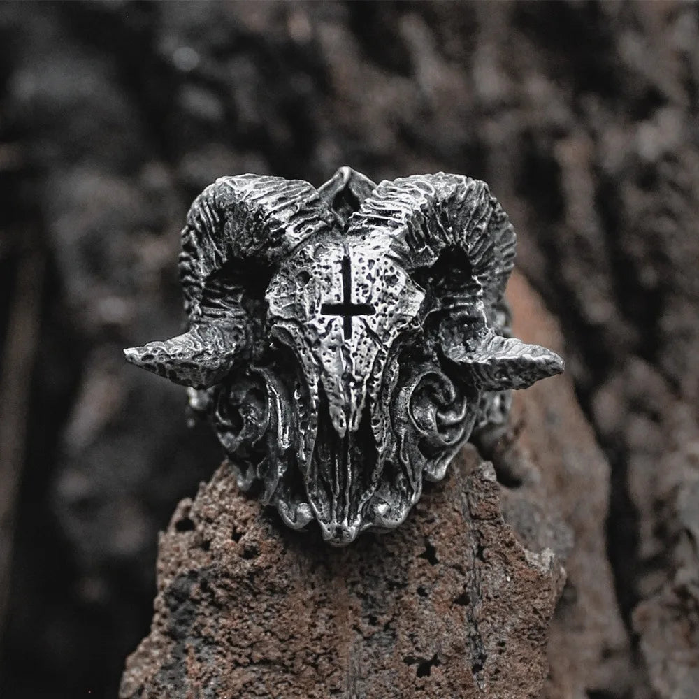 Retro Gothic Cross Demon Skull Sheep Head Open Adjustable Ring Men's Punk Religious Alternative Jewelry