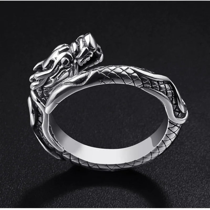Chinese Dragon Animal Band Ring for Men Women — Silver-Tone