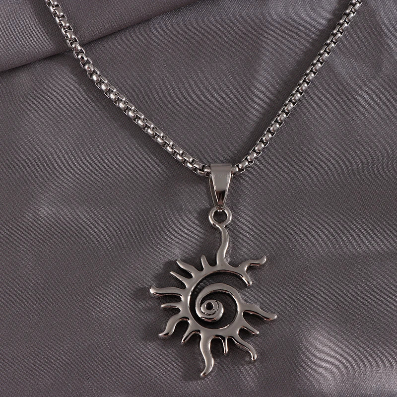 Fashion Creative Sun Flame Pendant Necklace Punk Hip Hop Retro Hipster Men's Hollowed Out Titanium Steel Necklace