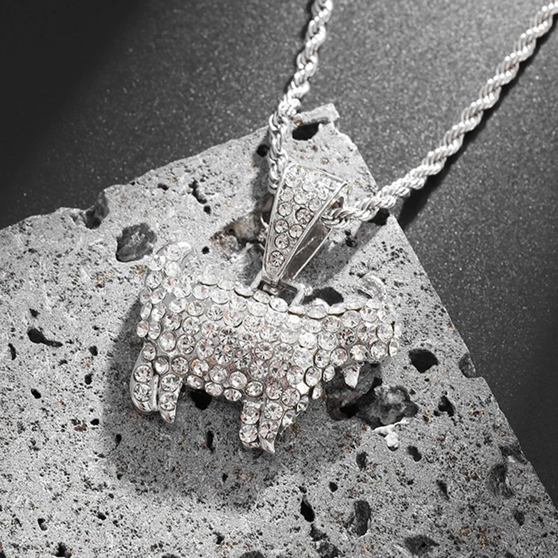 Gold Iced Out Goat Pendant Rope Chain Necklace