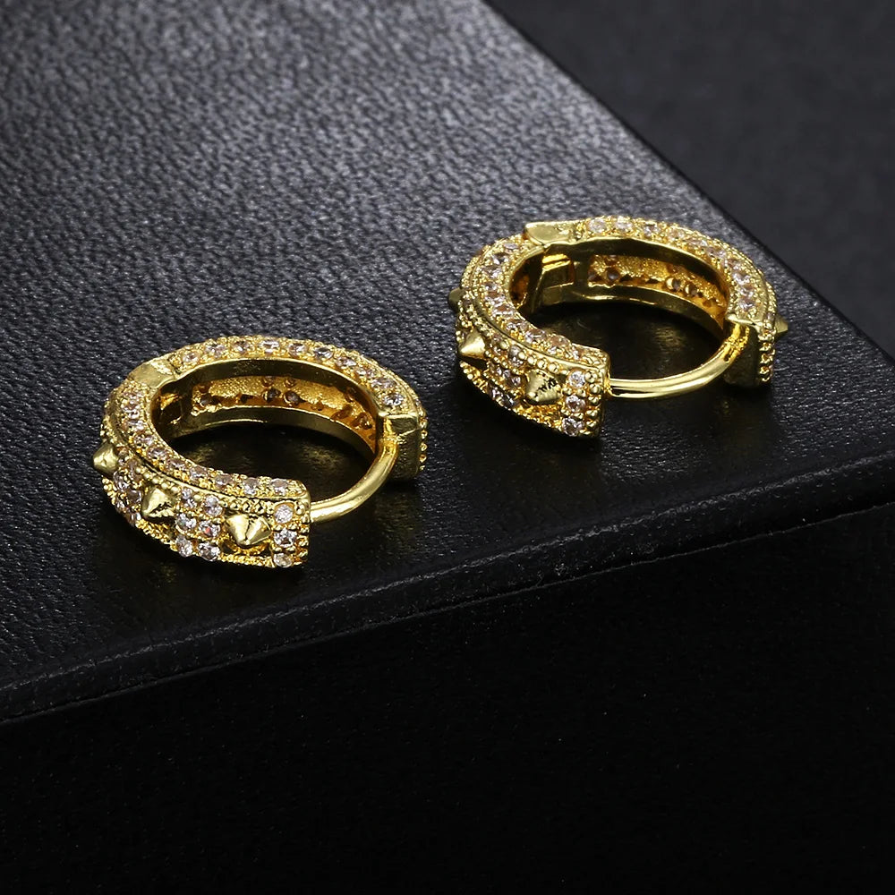 Gold Iced Out Skull Hoop Earrings Rivet
