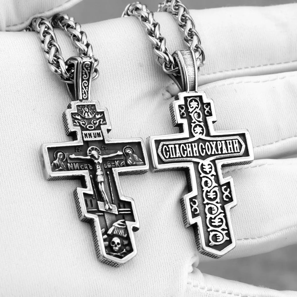 Vintage Jesus Cross Necklace Men's Stainless Steel Faith Christian Amulet Pendant Necklace Religious Male Jewelry Gift