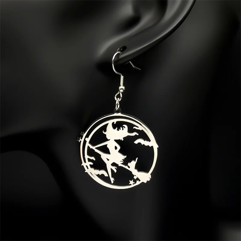 Bat Silver Earrings Goth Magic Cartoon Witch Broom