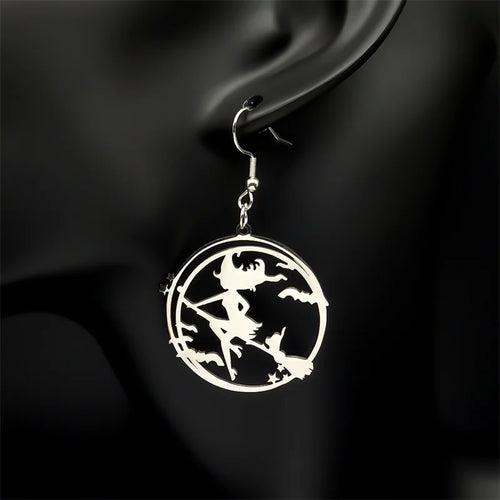 Bat Silver Earrings Goth Magic Cartoon Witch Broom