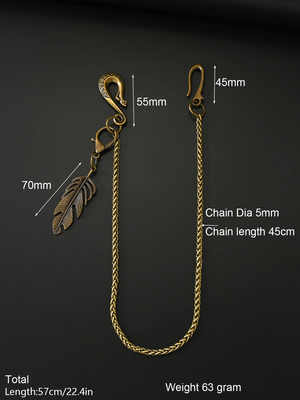 Indian Feather Keychain Pants Chain 5mm Snake Chain 22 Inch