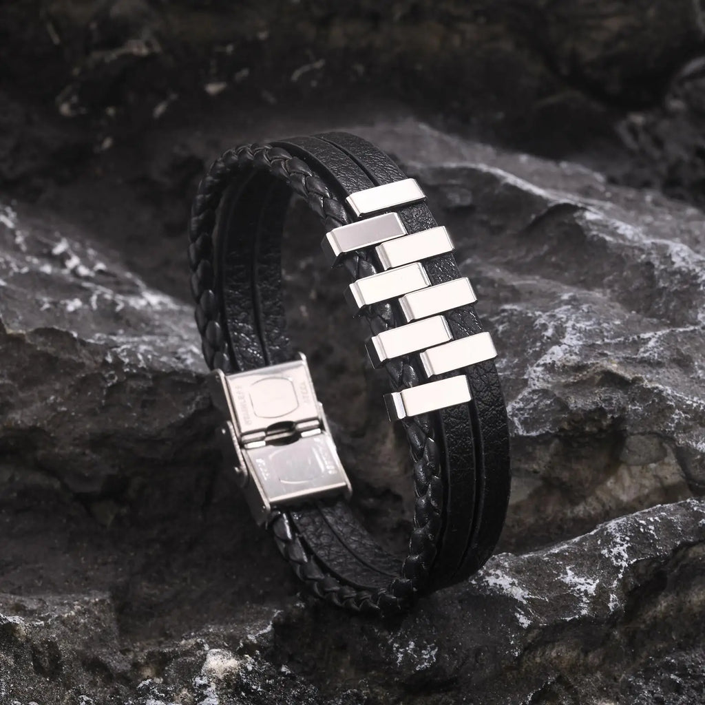 Leather 3-Layer Black Bracelet — Stainless Steel