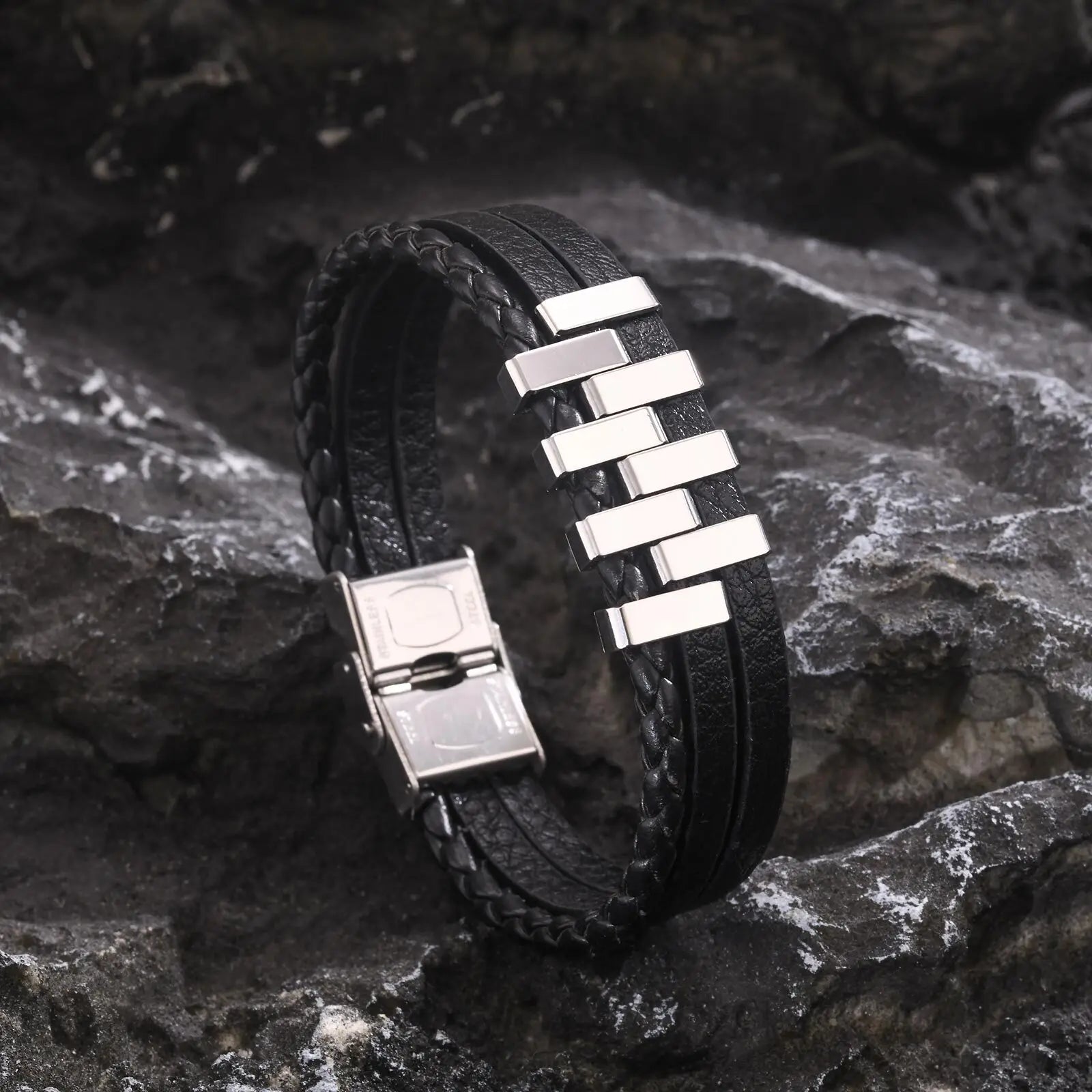 Leather 3-Layer Black Bracelet — Stainless Steel
