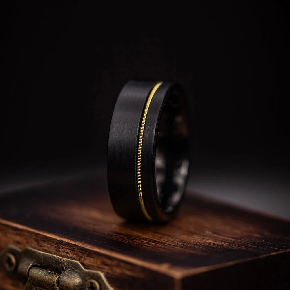 Fashion Black Stainless Steel Rings for Men With Guitar String Inlay Guitarist Ring For Musician Wedding Jewelry Drop