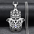 Hollow Fatima Hamsa Hand Pendants Necklace Stainless Steel Gold Color Luck Hand Palm Blue Turkey Eye Necklacse Jewelry Collares