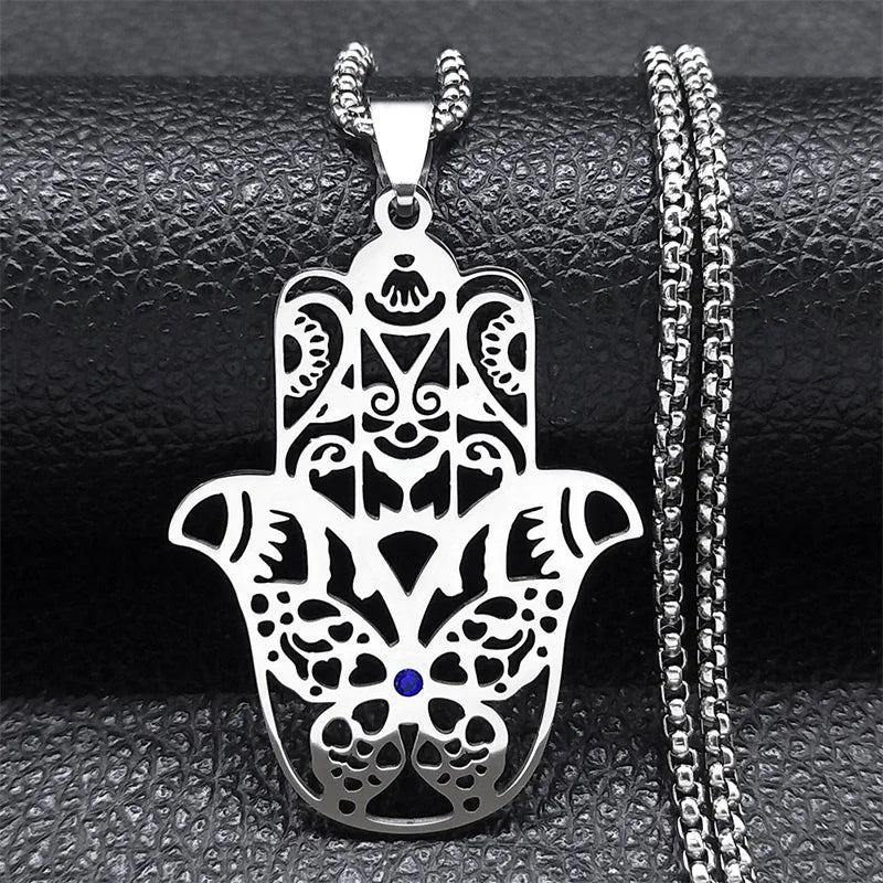 Hollow Fatima Hamsa Hand Pendants Necklace Stainless Steel Gold Color Luck Hand Palm Blue Turkey Eye Necklacse Jewelry Collares