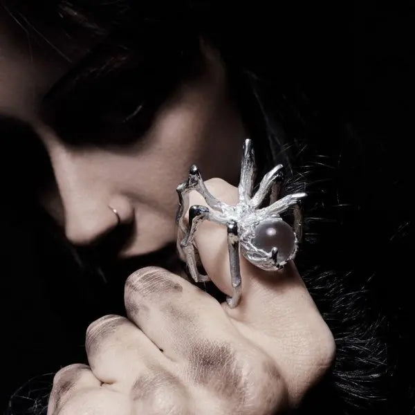 Gothic Spider Web Wide Open Ring Antique Silver — Zinc Alloy