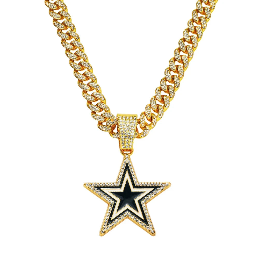 Men Women Hip Hop Five-Pointed Star Pendant Necklace,with Cuban Chain Punk Star Necklaces Fashion Jewelry,Sports Fan Gift Idea