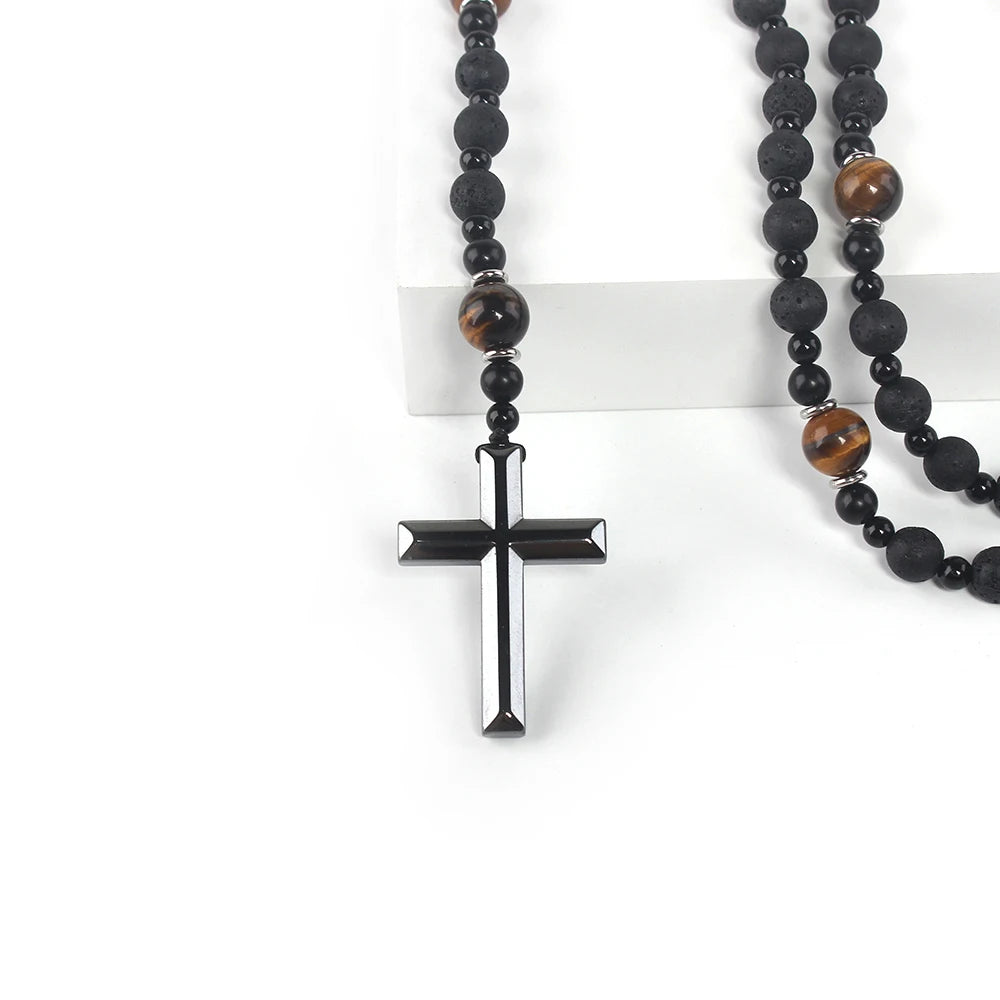Natural Lava Stone Round Beads Yellow TIger-eye Hematite Cross Pendant Necklace for Men