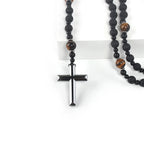 Natural Lava Stone Round Beads Yellow TIger-eye Hematite Cross Pendant Necklace for Men