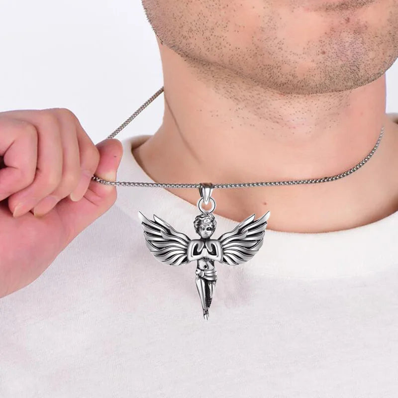 Silver Angel Wing Feather Pendant Necklace