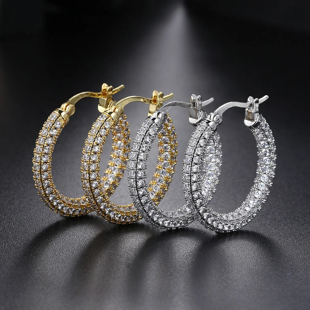 Two-Tone Iced Out Hoop Earrings CZ Silver Gold