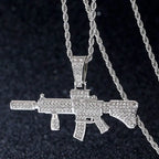 ICED OUT M416 Rifle Pendant Necklace, Hip Hop Military Jewelry, Zircon Gun Charm on Stainless Steel Rope Chain, Men's