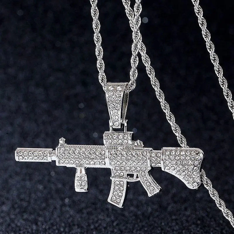 ICED OUT M416 Rifle Pendant Necklace, Hip Hop Military Jewelry, Zircon Gun Charm on Stainless Steel Rope Chain, Men's