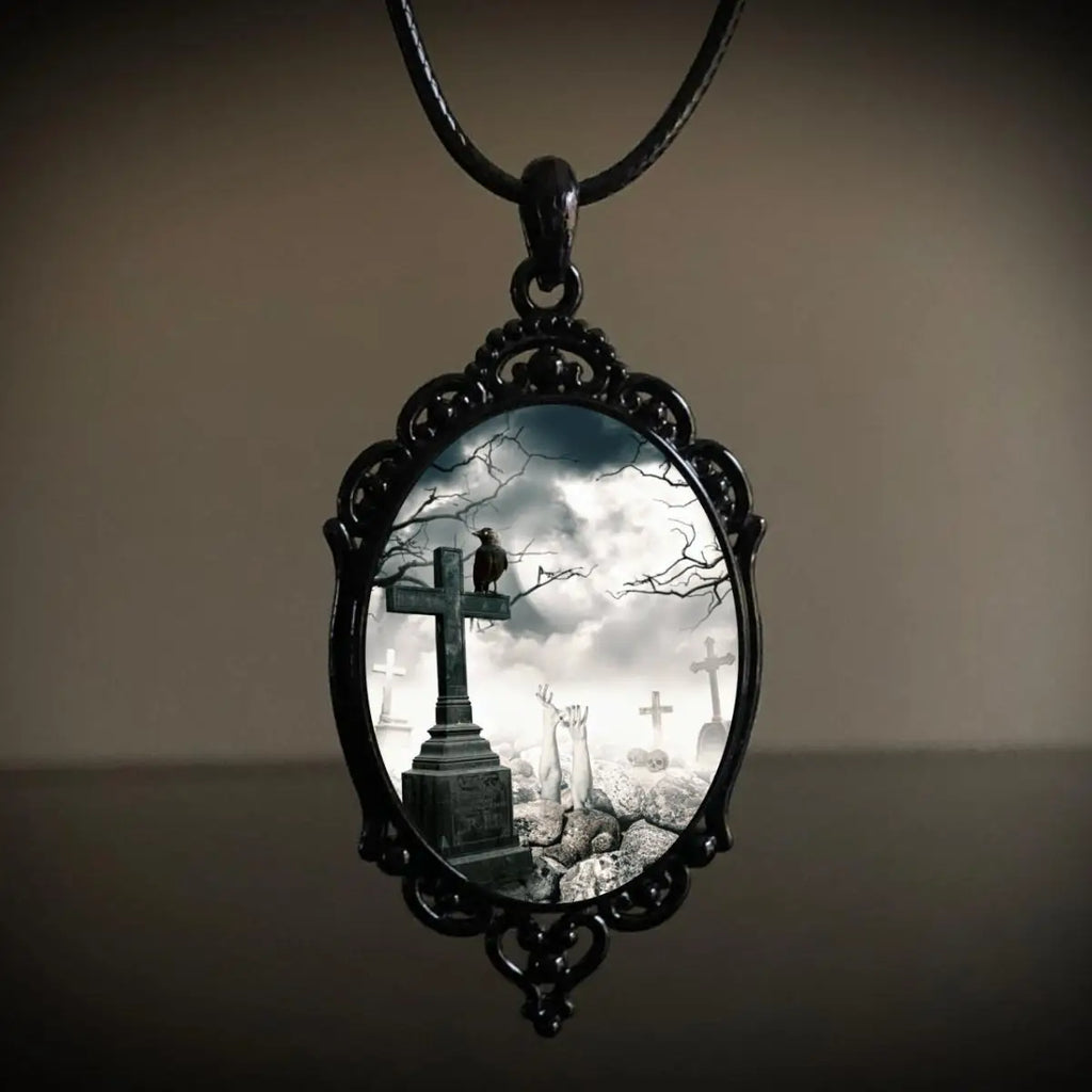 Gothic Crow Black Forest Charm Necklace Fashion Witch Jewelry Gift Pagan Cross Black Cat Skull Glass Pendant Necklace
