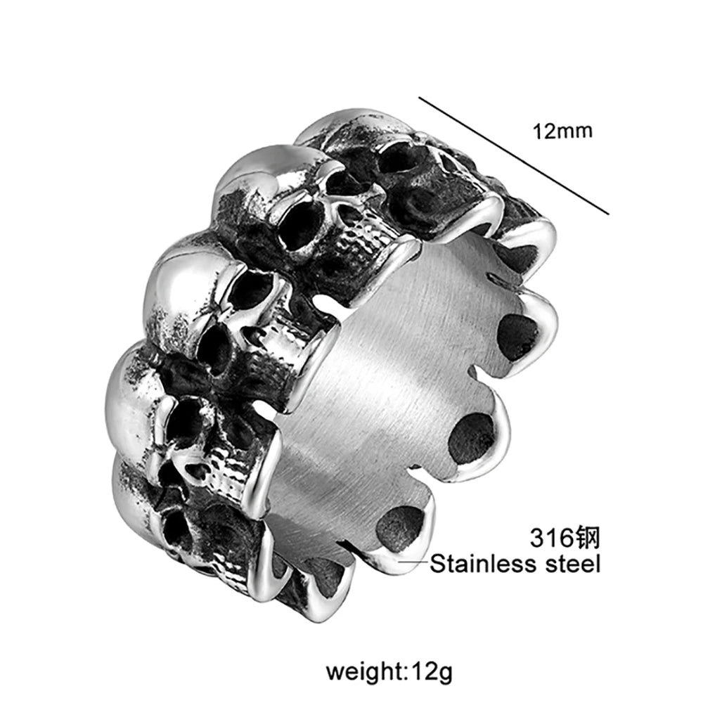 316 Stainless Steel Full-Wrap Skull Ring 7mm/12mm Wide Heavy Retro Gothic Punk Band 3D Carved Skeleton Biker Jewelry for Men