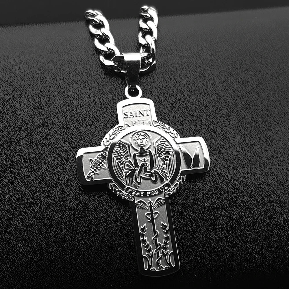 Stainless Steel Christian Saint Raphael Pray for Us Cross Pendant Necklaces Women Men Gold Color Chain Necklace Jewelry