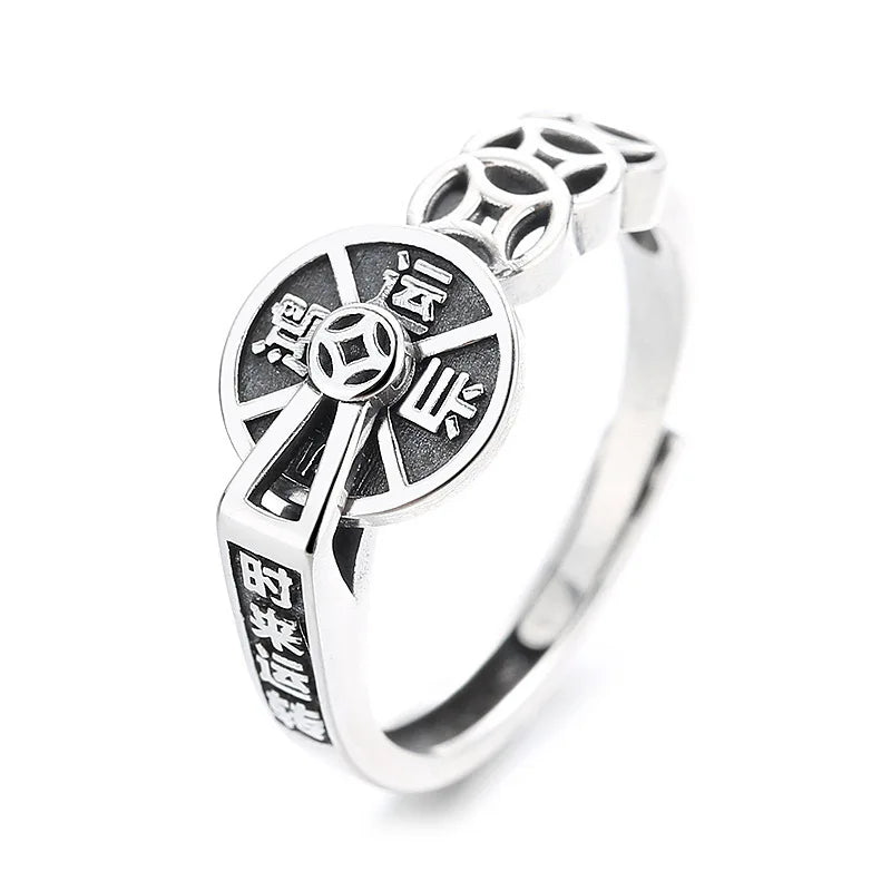 New Vintage Antique Coin Ring with Rotating Compass Design Open Adjustable Ring for Good Fortune Jewelry