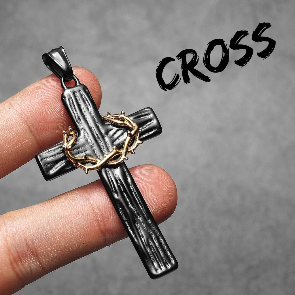 Thorn Cross Pendant Necklace — Stainless Steel