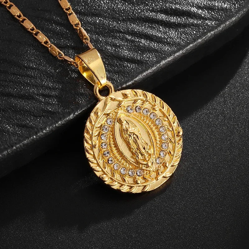 Virgin Mary Medal Iced Pendant Necklace
