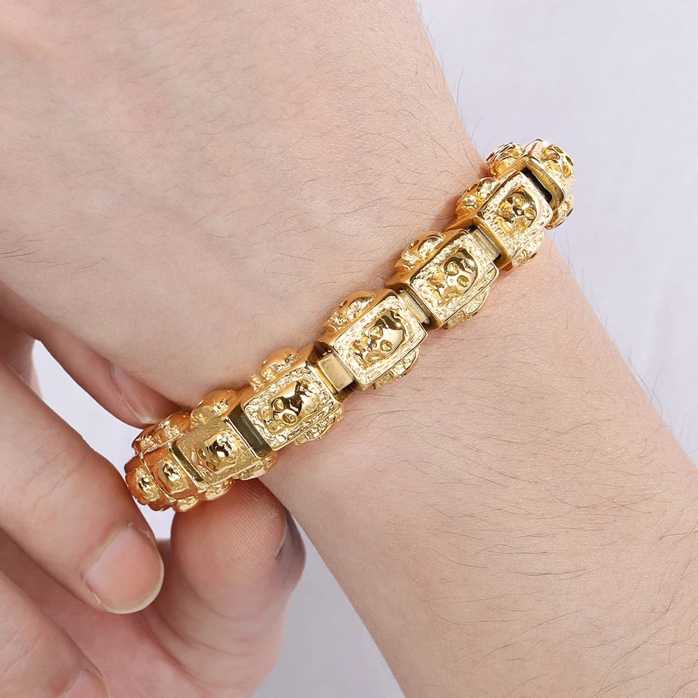 Vintage Solid Stainless Steel Bracelet for Man Men's Skeleton Jewelry Accessories 14MM Width Skull Face Head Chain