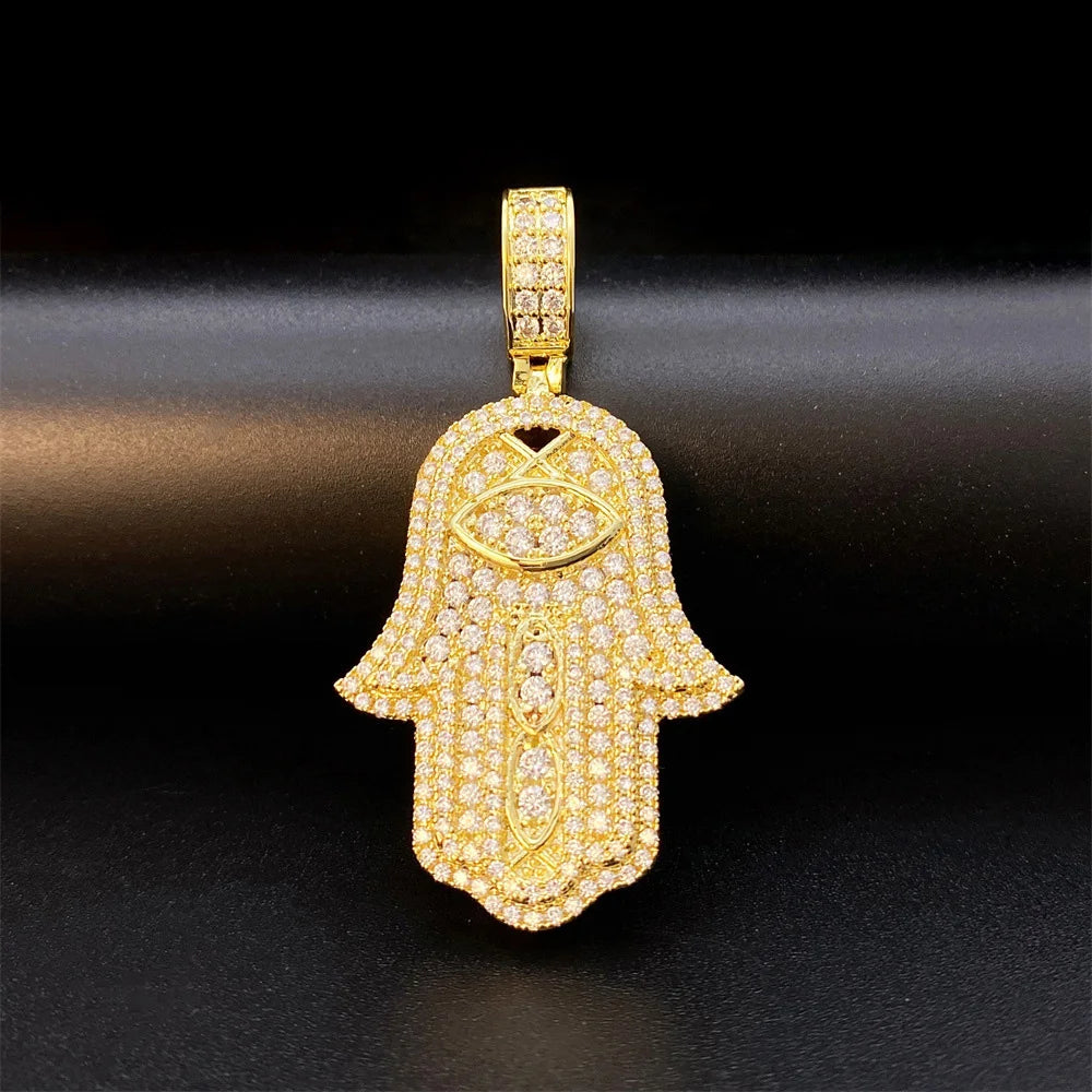 Iced Out Hamsa Fatima Pendant Necklace — Gold-Tone