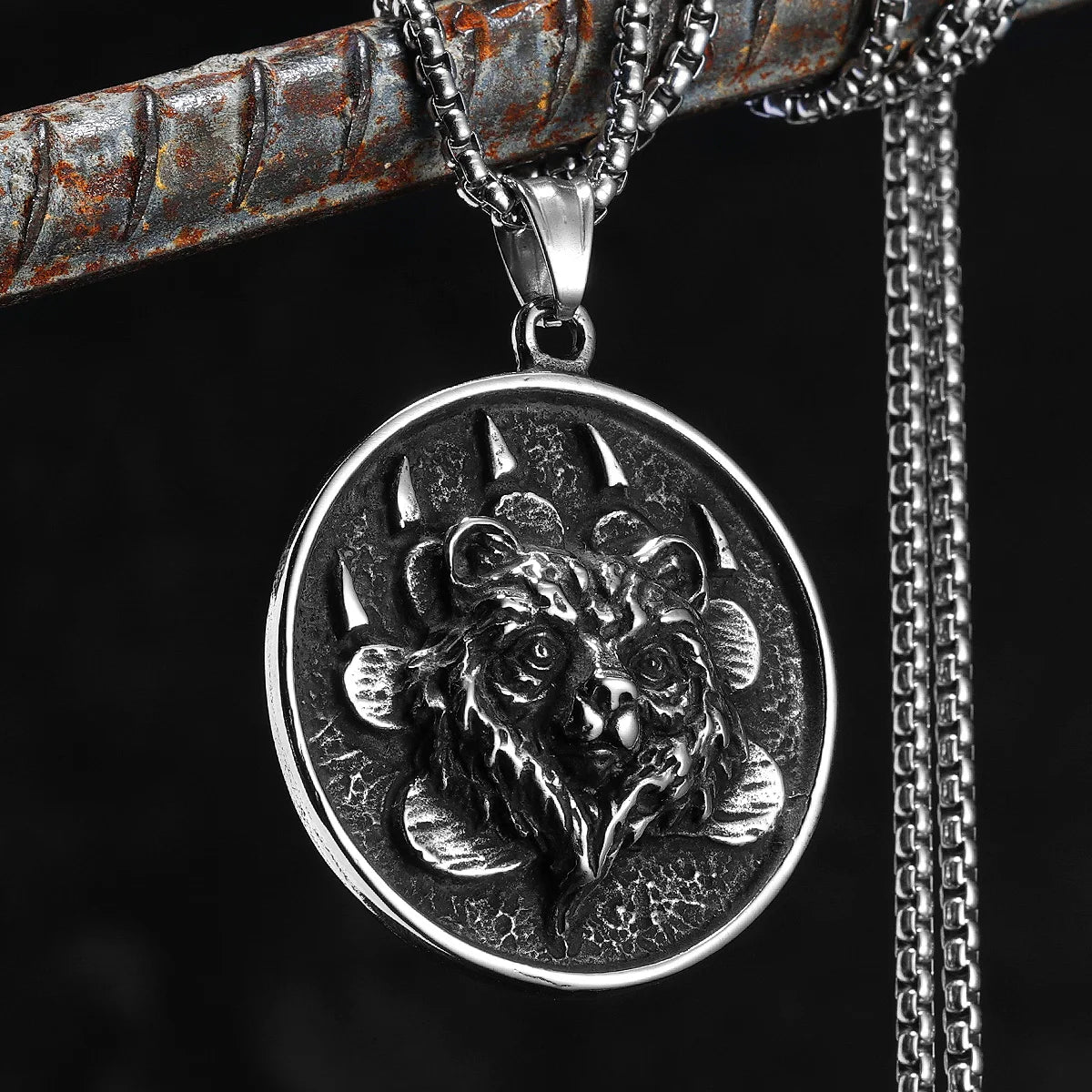 Viking Bear Head Claw Coin Pendant Necklace — Stainless Steel