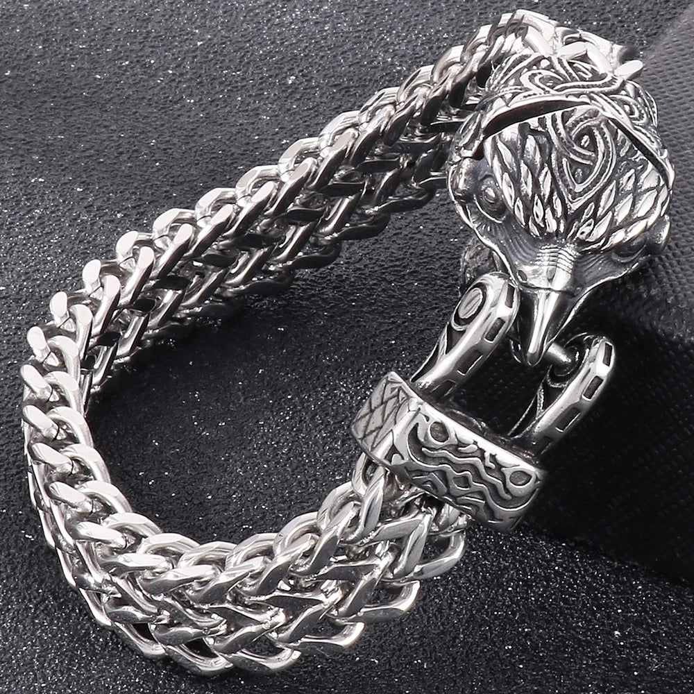Nordic Viking Jewelry Man Bracelet With Snake Owl Wolf Head Solid Stainless Steel 12MM Mesh Link Chain Men's Bracelets