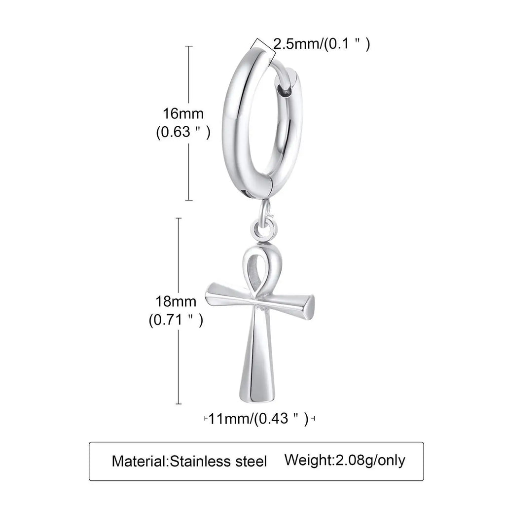 Ankh Cross Huggie Hoop Earrings — Stainless Steel