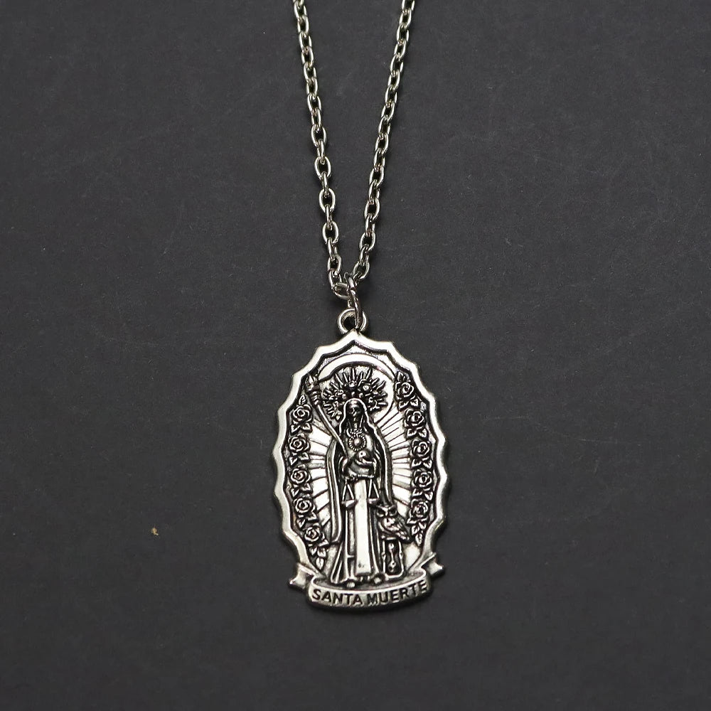 Santa Muerte Pendant Necklace, Gothic Death Saint Medal Necklace with Rose Border, Occult Dark Aesthetic Jewelry for