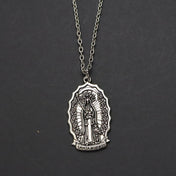 Santa Muerte Pendant Necklace, Gothic Death Saint Medal Necklace with Rose Border, Occult Dark Aesthetic Jewelry for