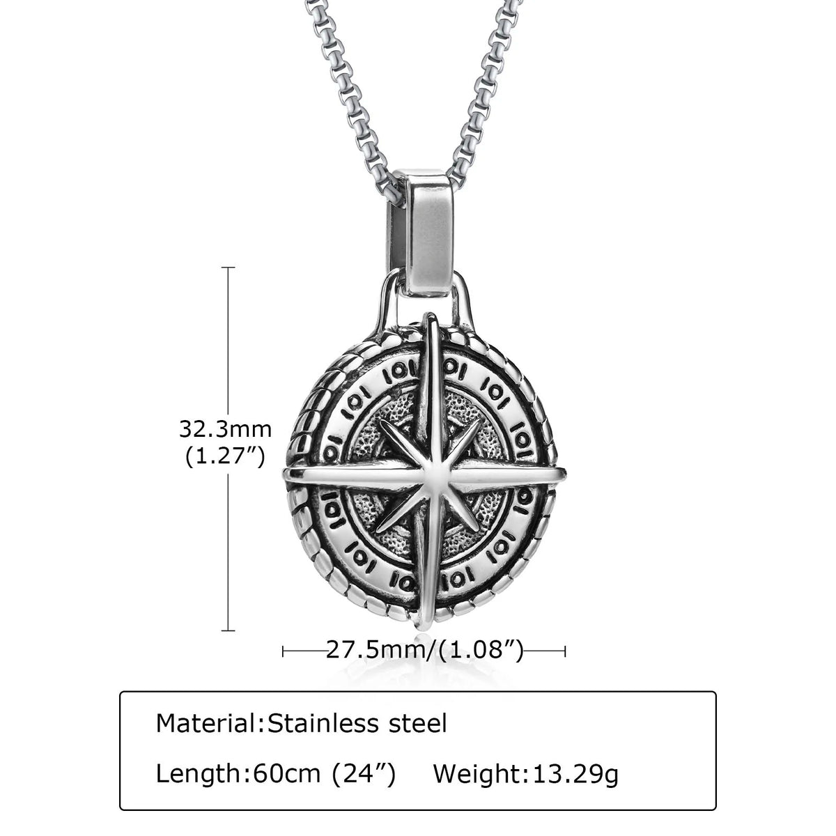 Vintage Compass Coin Pendant Necklace — Stainless Steel
