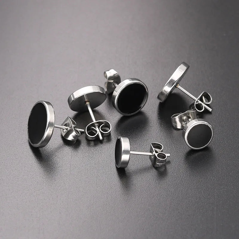 Trendy HipHop Titanium Steel Round Men's Stud Earrings Hippie Stainless Steel Black Drip Earings for Men Couple