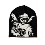 Angel Jacquard Beanie Black & White Edgeless Skull Cap Winter Hat for Women & Men Gothic Y2K Beanie for Everyday &