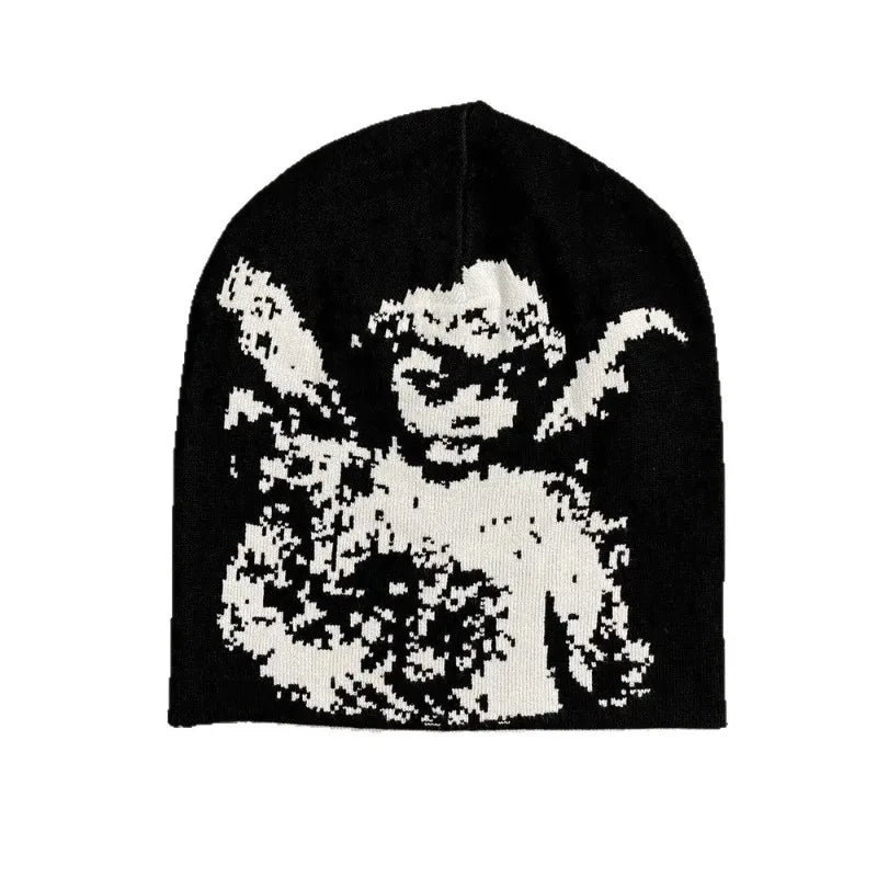 Angel Jacquard Beanie Black & White Edgeless Skull Cap Winter Hat for Women & Men Gothic Y2K Beanie for Everyday &