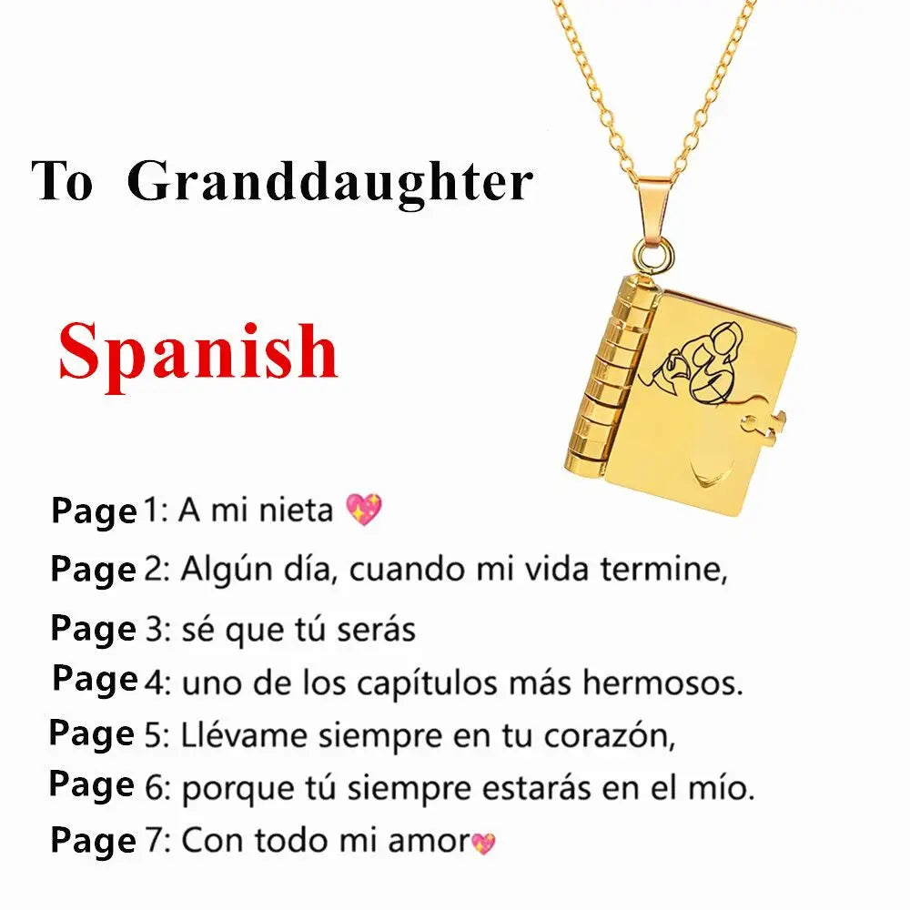 Spanish Granddaughter Book Necklace Engraved Information Heart Locket Pendant Gifts From Grandma Jewelry