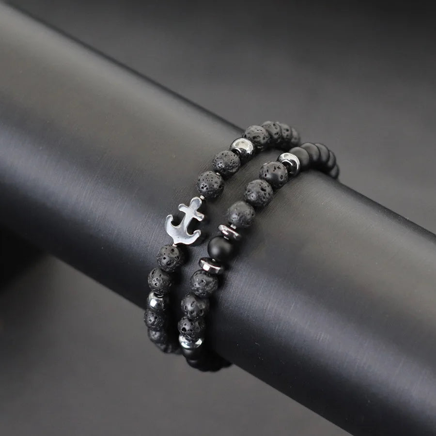 Cool 2Pcs/Set Anchor Stone Bracelet Man Howlite Obsidian Tiger Eyes Grade A Beaded Strand Braslet Fashion Boyfriend