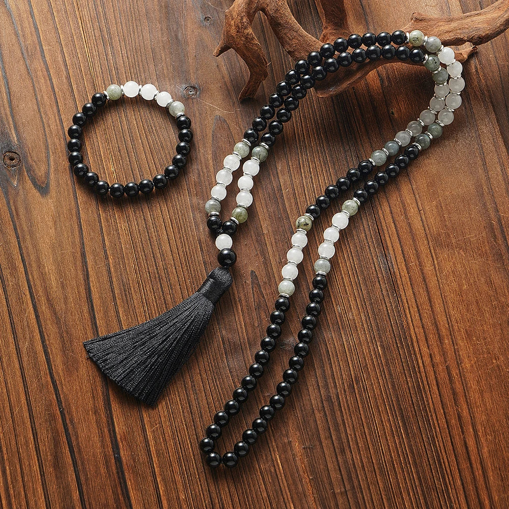 Black Onyx Labradorite Beads,108 Mala Necklace,Meditation,Yoga Prayer Jewelry, Japamala Rosary for Men and Women, 8mm
