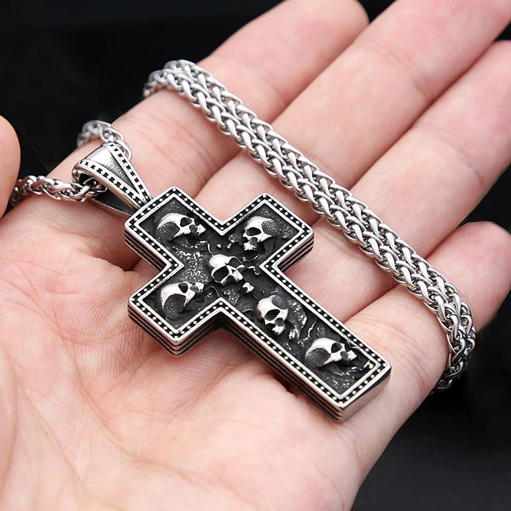 Unisex Multi Skull Cross Stainless Steel Pendant Necklace Gothic Dark Religious Skeleton Totem Jewelry Daily Punk Fashion Gift