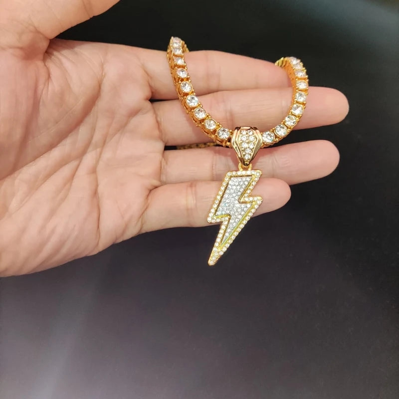 Hip Hop Lightning Pendant Necklace with 4mm Zircon Tennis Chain Iced out Bling HipHop Necklaces for Men Women fashion jewelry