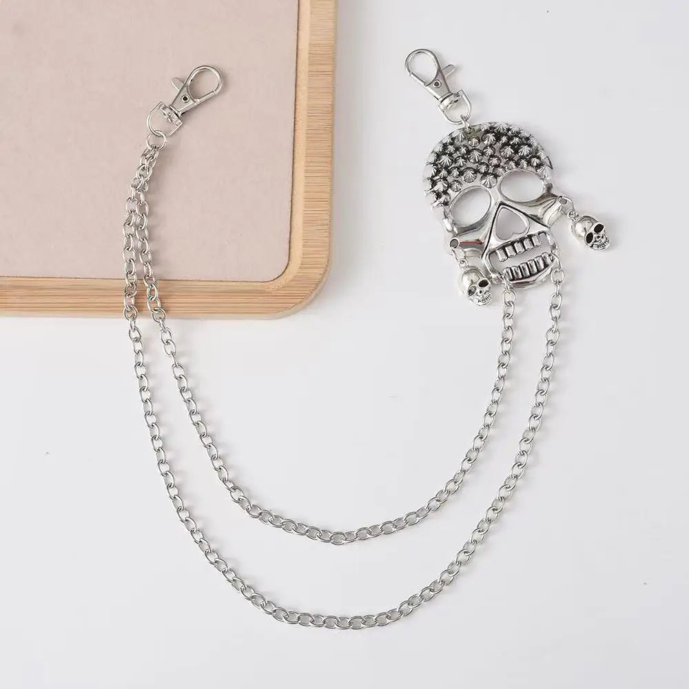 Double Layer Skull Keychain — Stainless Steel Beaded
