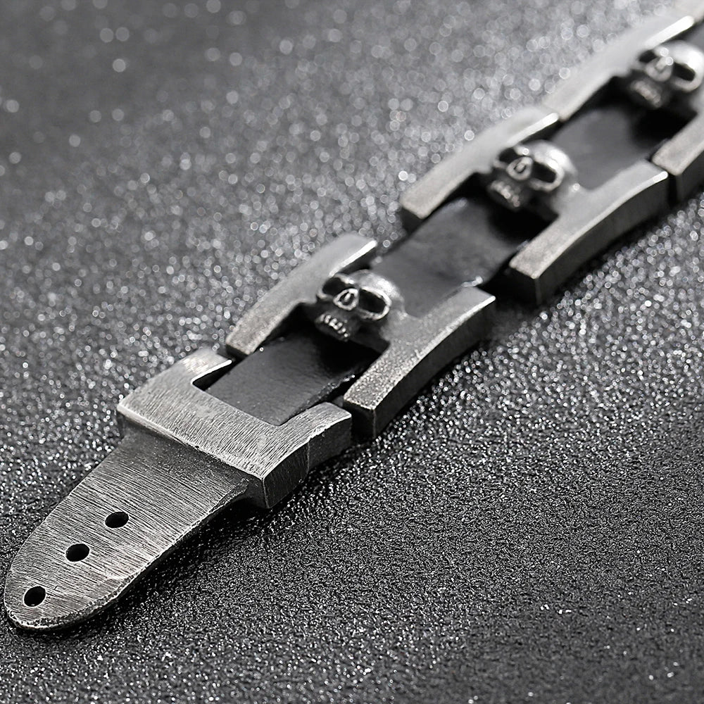 Punk Gothic Men's Skull Bracelet Distressed 316L Stainless Steel & Leather Wrap Bracelet for Men With Watch Strap Clasp